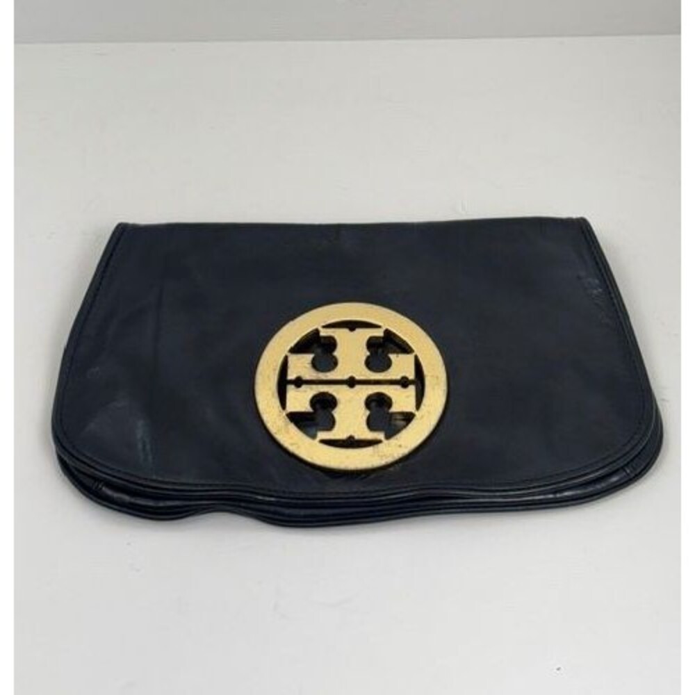 Tory Burch Reva Flap Clutch Black Patent Leather Gold Logo NO STRAP